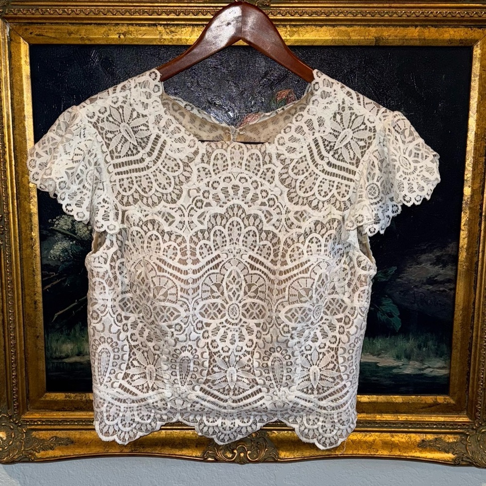 WILLOWBY by Watters White Lace Overlay Short Sleeve Button Back Wedding Top 14 - Picture 3 of 11